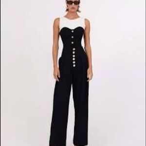 NONchalant Black and White Wide-Leg Jumpsuit with Button Front